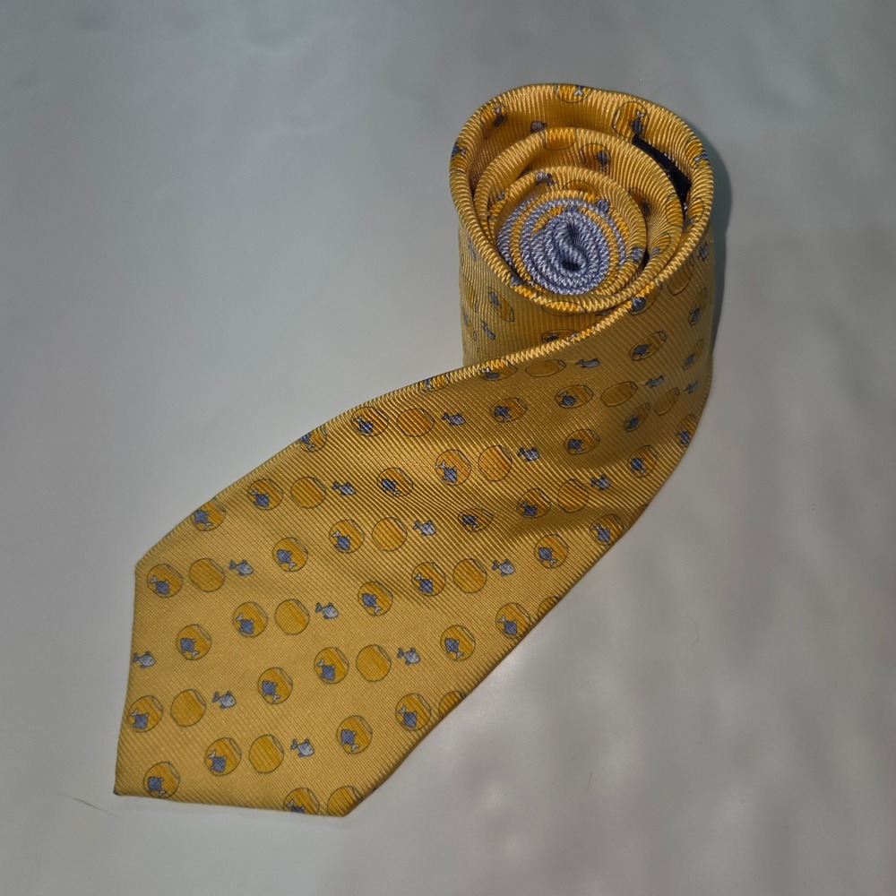 Tommy Hilfiger Tie Mens Novelty Yellow‎ Fish Bowl Print Italian Silk Made In USA